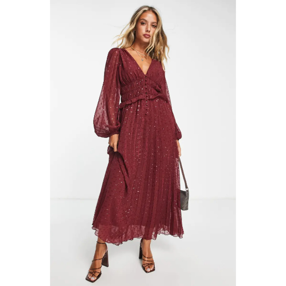ASOS DESIGN Button Ruch Waist Pleated Clip Dot Dress Long 2 Sleeve Metallic Red